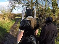 Miss Maskerade exhibition in full rubber french maid adventure outdoor giving latex blowjob